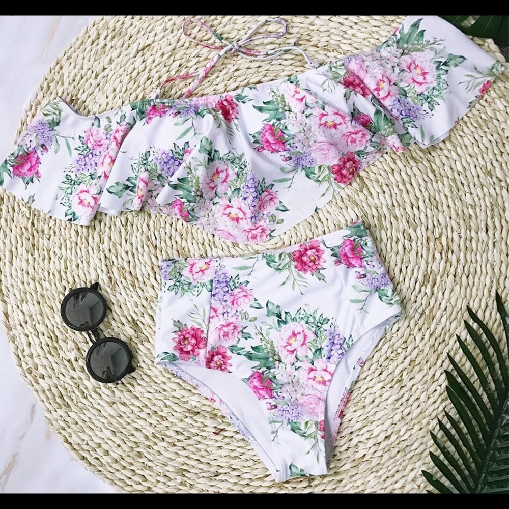 Pastel Floral  Off Shoulder Ruffled Bikini